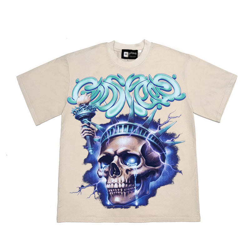 2026  Cross-border American high street retro skull distressed lightning T-shirt