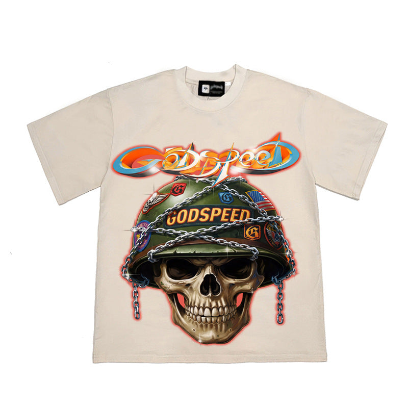 2026 American Style New Skull Warrior Print Loose Washed T-shirt