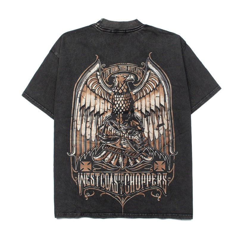 2026 American high street style washed distressed retro eagle T-shirt