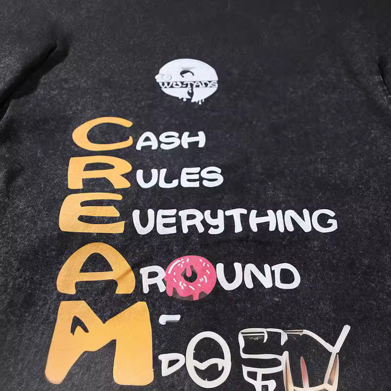 2026 American New Style High Street Top Cartoon Print Washed T-shirt
