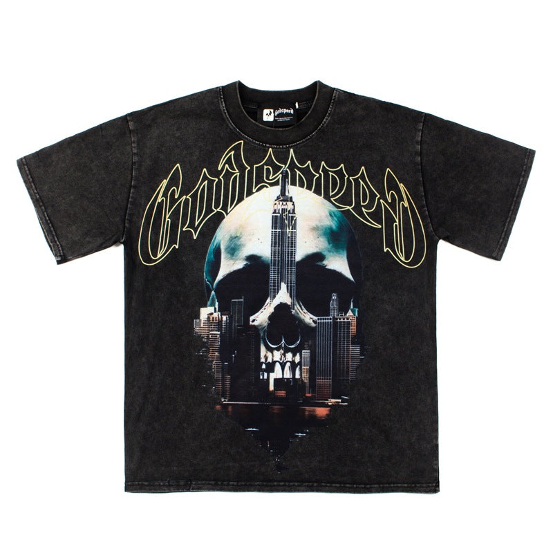 2026  American Retro Building Skull T-shirt Summer Loose T-shirt