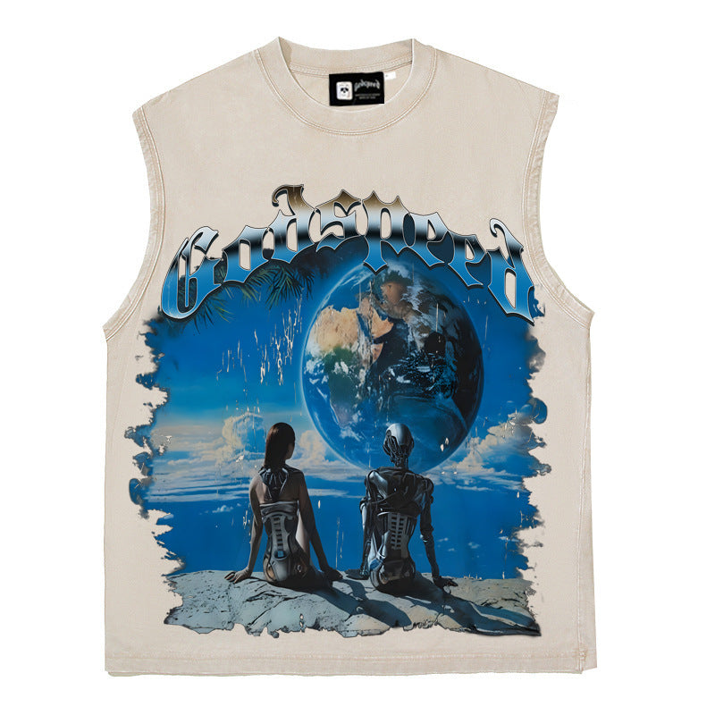 2026 American Retro Washed Distressed Moonlit Lovers Earth T-shirt