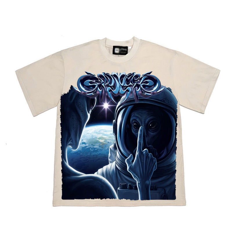 2026 American New Style Alien Print Loose Washed Retro T-shirt