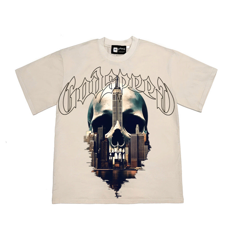 2026  American Retro Building Skull T-shirt Summer Loose T-shirt
