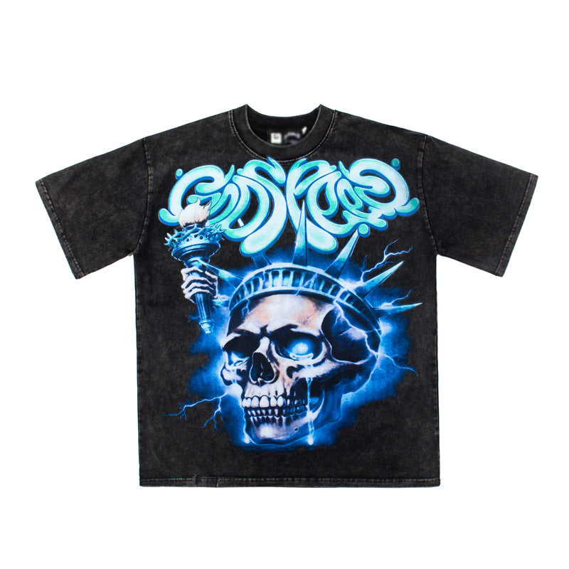 2026  Cross-border American high street retro skull distressed lightning T-shirt