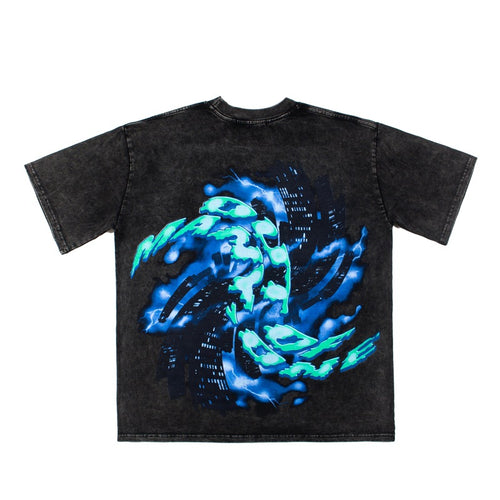 2026  Cross-border American high street retro skull distressed lightning T-shirt