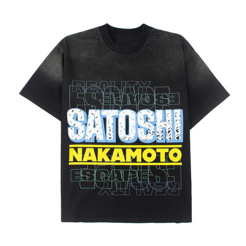 2026 American Street Style Iridescent Letter Print Washed T-shirt