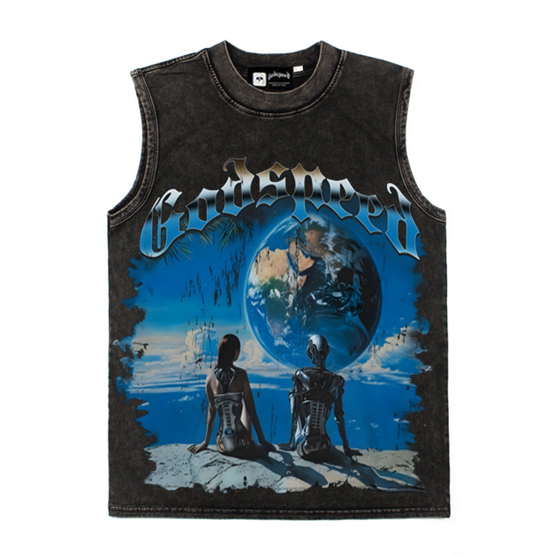 2026 American Retro Washed Distressed Moonlit Lovers Earth T-shirt
