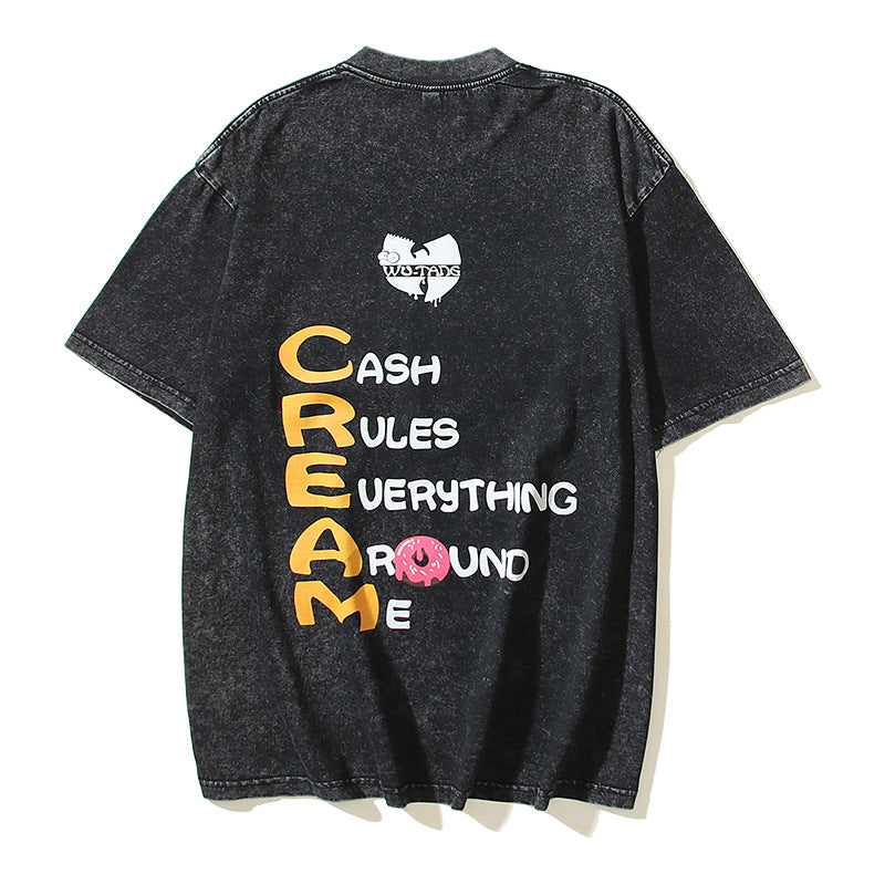 2026 American New Style High Street Top Cartoon Print Washed T-shirt
